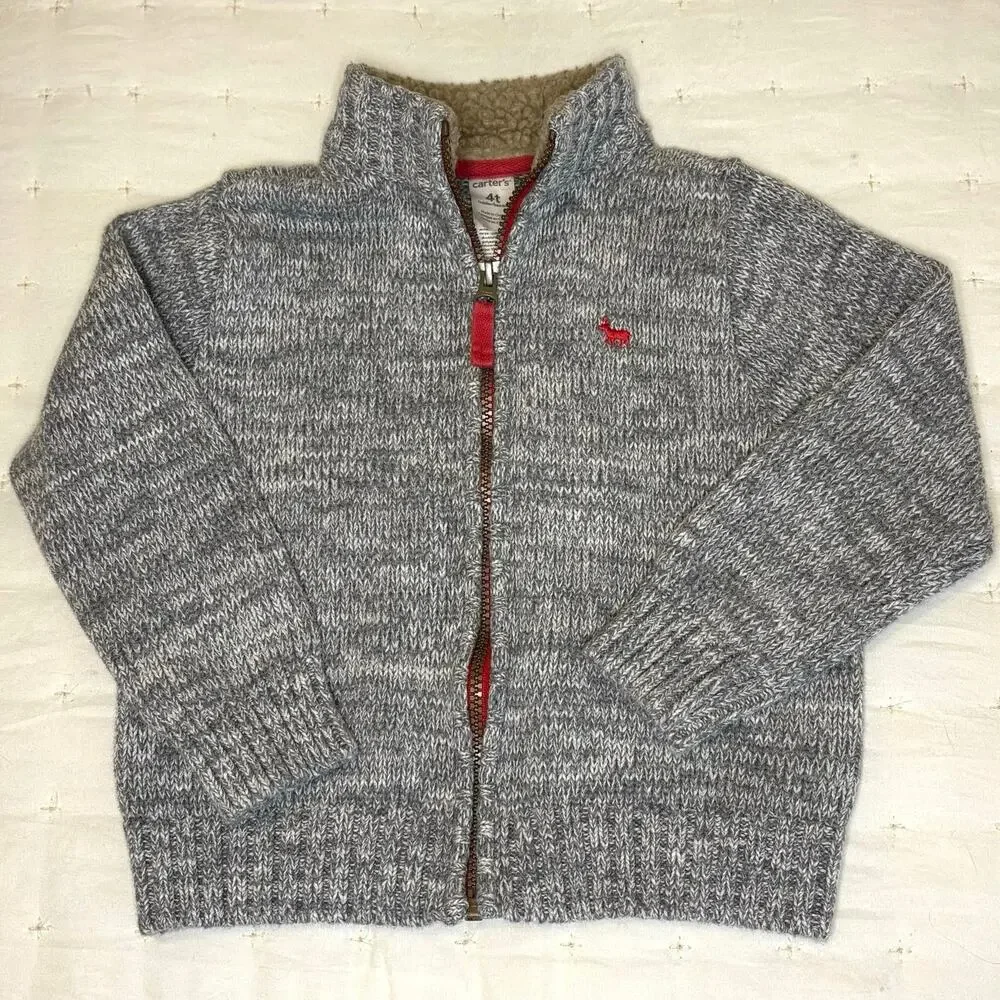 Carter's Zip Up Cardigan Sweater Boys 4T Gray Marled Knit Reindeer Embroidery